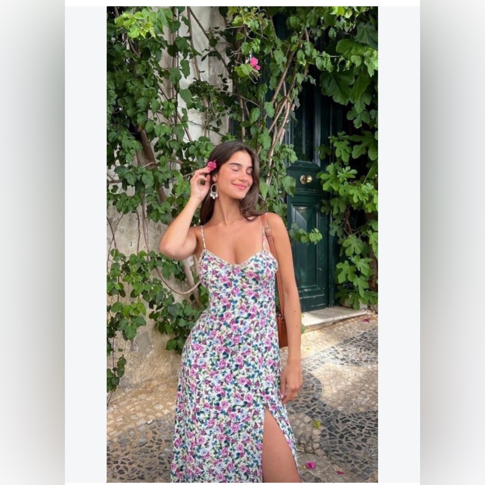 Zara White Floral Midi Dress with Pink & Green Accents